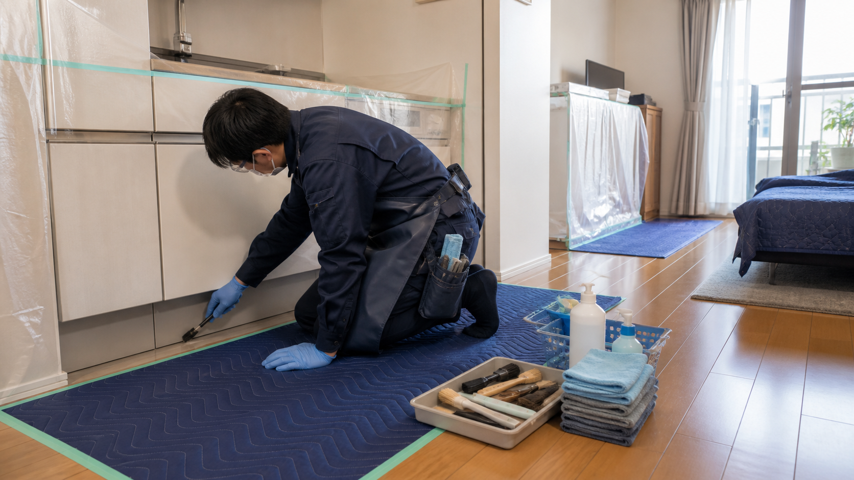床と家具を養生し物件内を専用ブラシで清掃する専門スタッフの作業イメージ